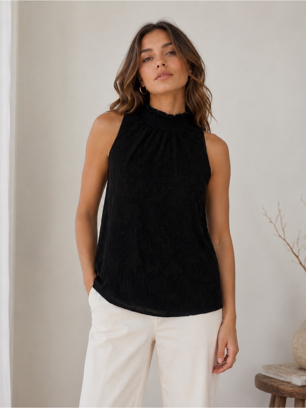 Loft Black Floral Textured Mock Neck Sleeveless Blouse Top Size Medium